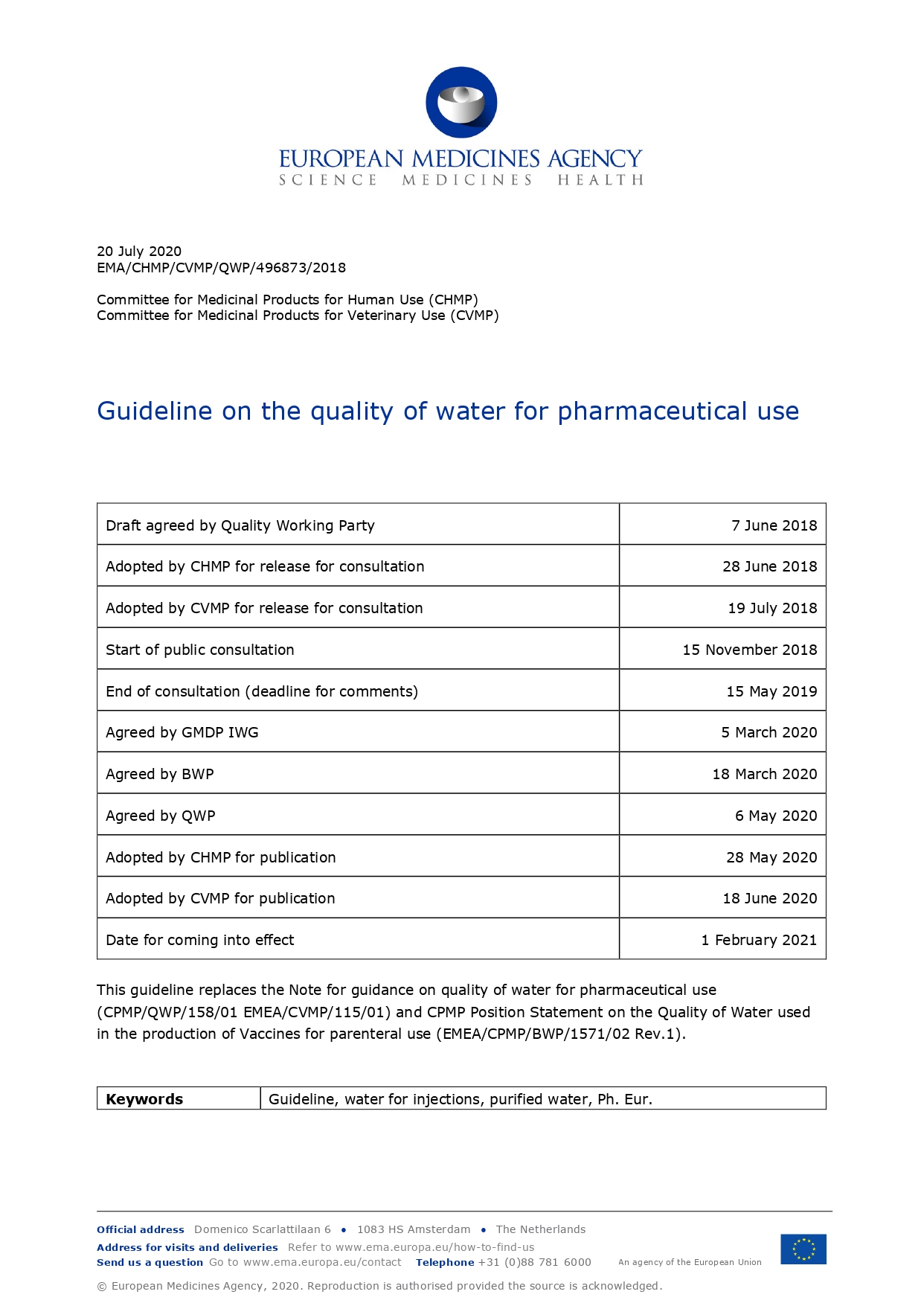 EU GMP Guideline on the Quality of Water for Pharmaceutical use