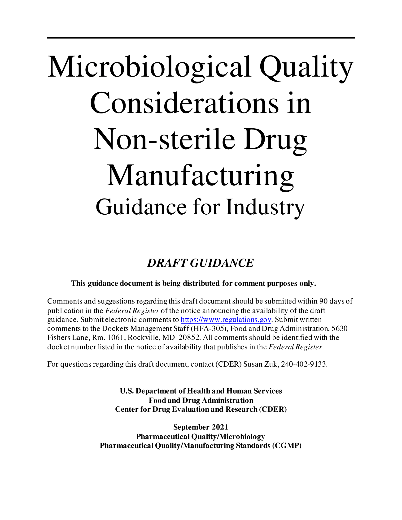 FDA : Microbiological Quality Considerations in Non-sterile Drug Manufacturing Guidance for Industry (Draft)